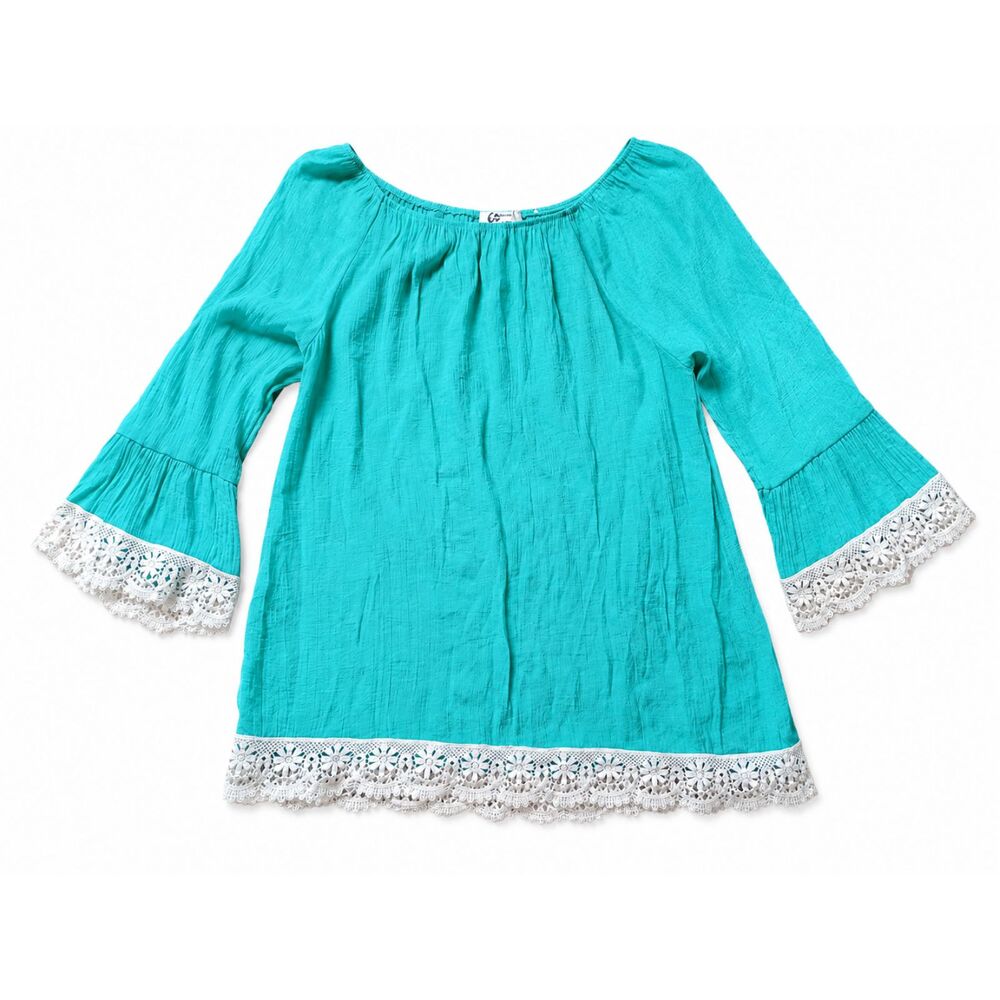 Christian Aliendo Aqua Peasant‎ Boho Crochet Lace Trim 3/4 Sleeve USA Large